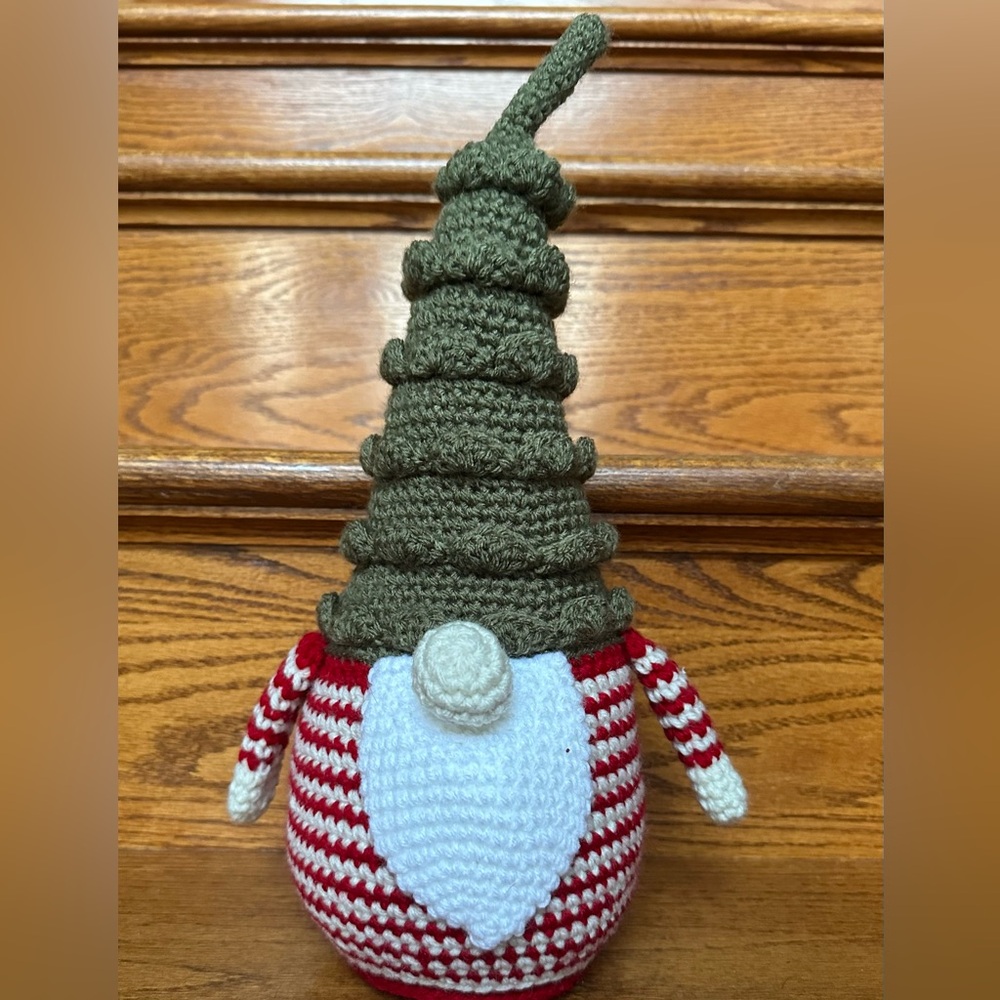 Crocheted Gnome with Green Christmas Tree Hat and Red Stripes Body